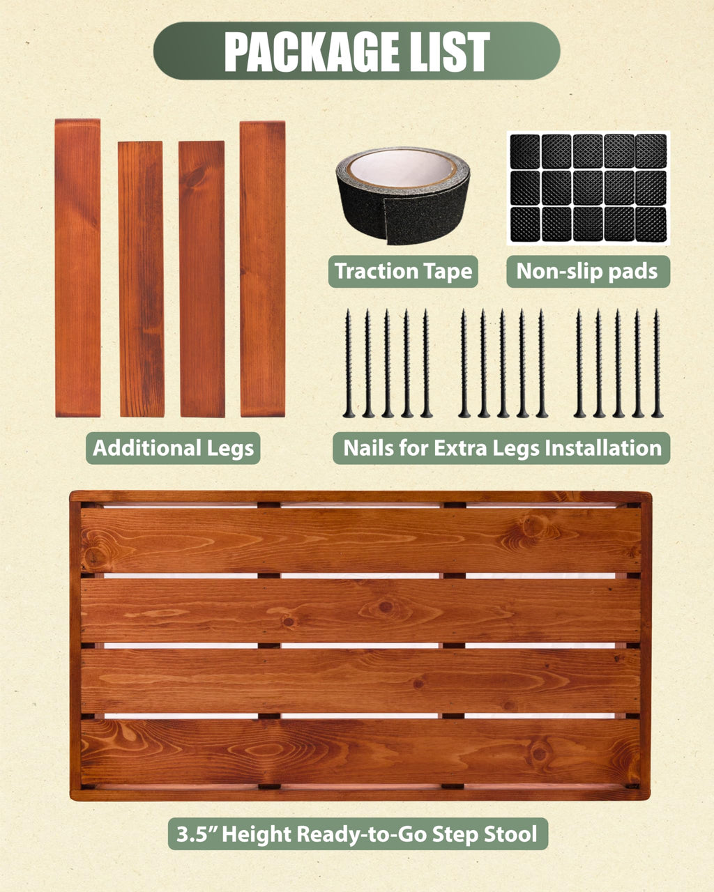 3.5"/6" Heightable Wooden Outdoor Step, 100% Heartwood Step Stools for Adults with 4 Additional Legs & Anti-Slip Traction Tape, One Step Stool for Elderly, Adults, Kids(30" L X 16" W X 3.5/6" H)