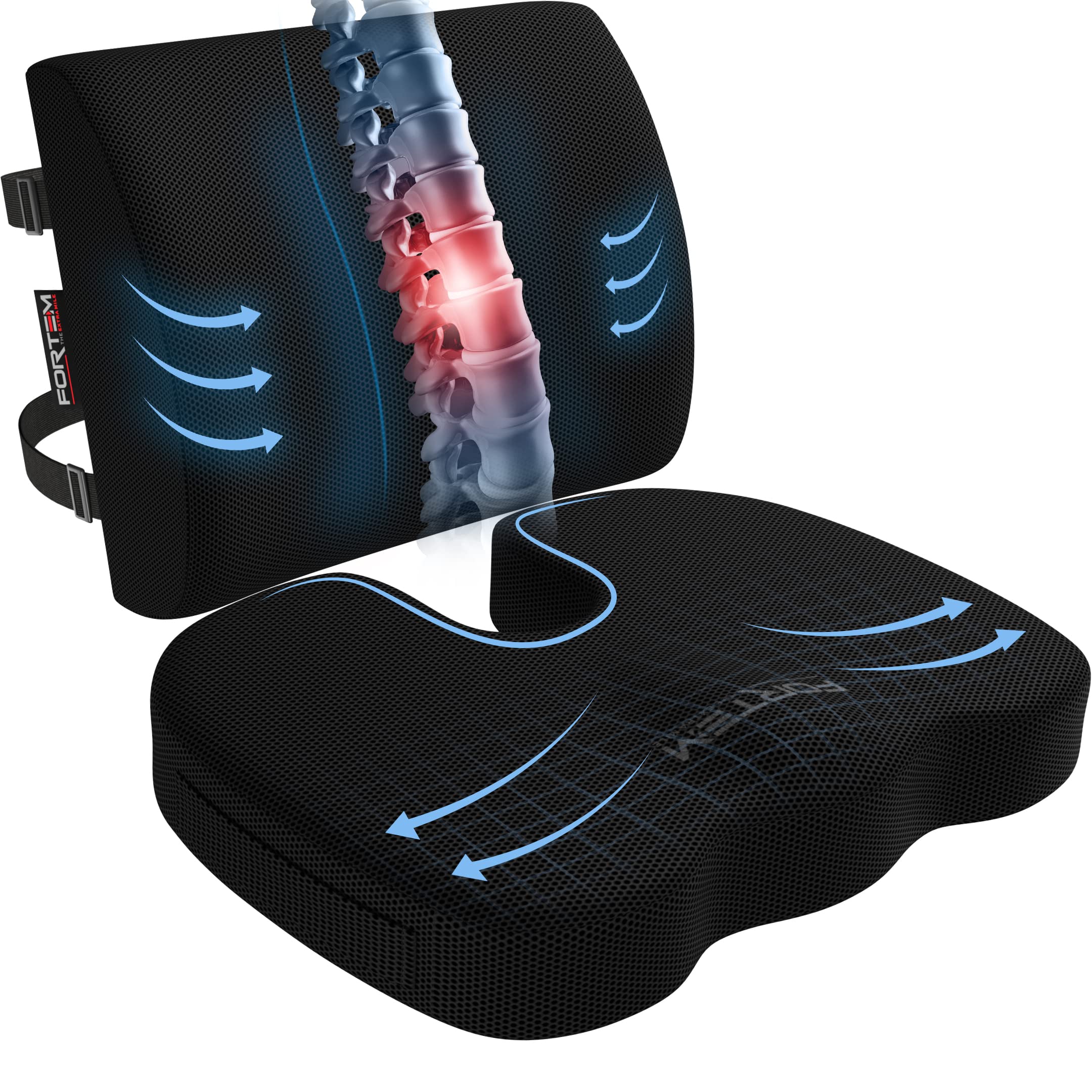 FORTEM Office Chair Cushion and Back Support for Office Chair, Lumbar Support Pillow, Memory Foam, Non Slip Sitting and Back Rest for Gaming, Car Seat Cushion, Chair Pad