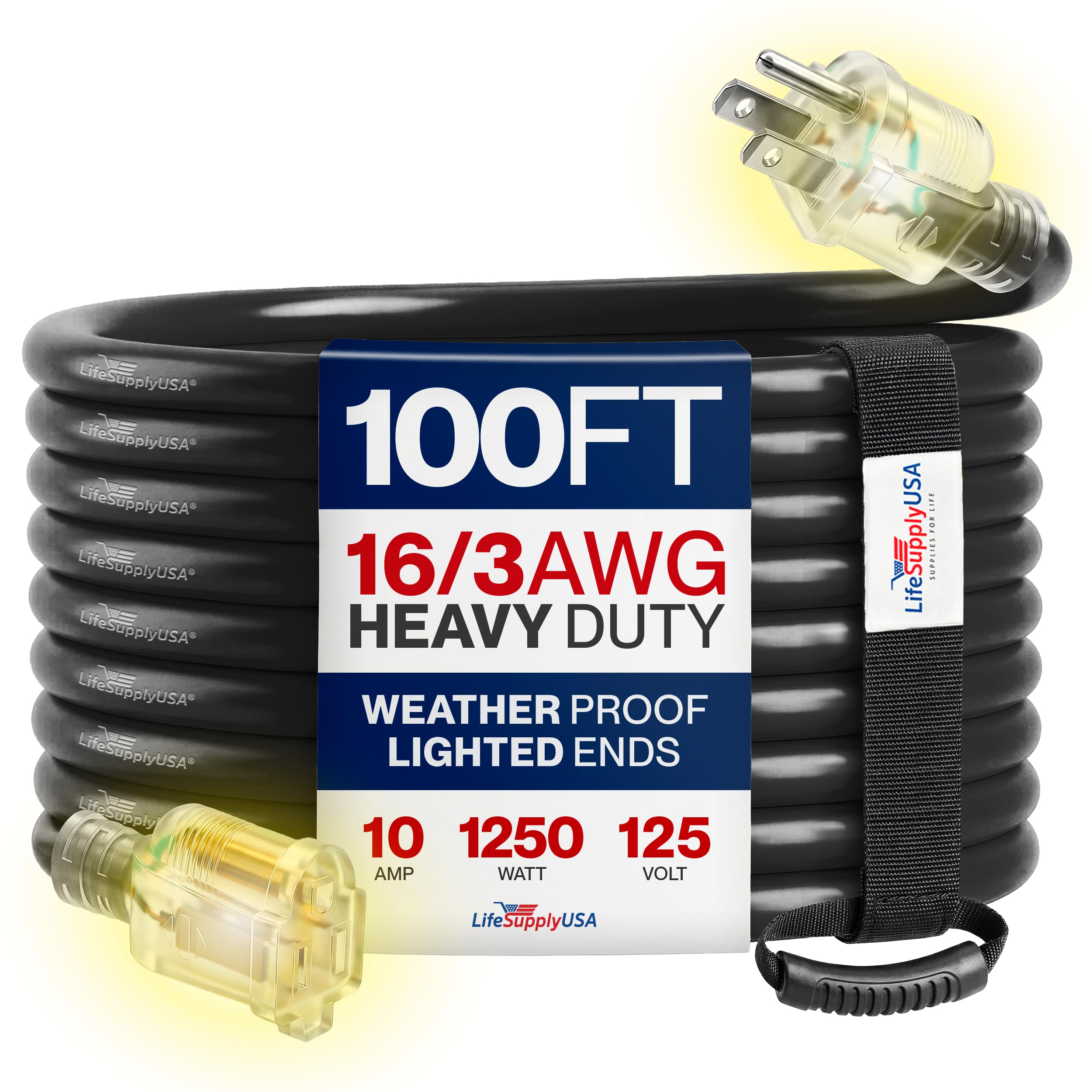 100ft Outdoor/Indoor Extension Cord 16/3 Gauge Heavy Duty 3 Prong SJTW, Waterproof, Flexible Cold-Resistant Long Power Cord,10A 125V 1250W, Yellow by LifeSupplyUSA