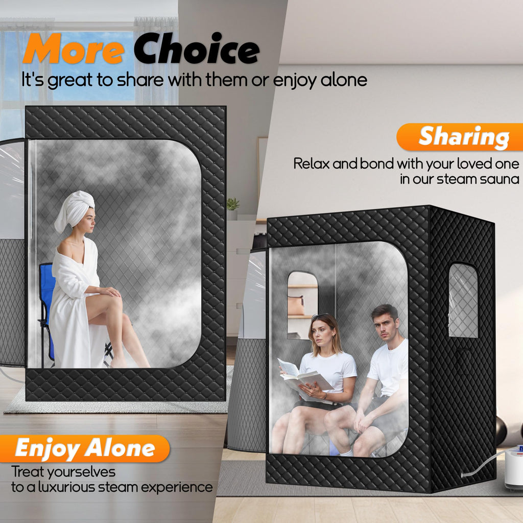 Tehanld 2 Person Portable Steam Sauna for Home, Extra Large Sauna Tent, Upgraded 2 Steamer, 2 Foldable Chair & Remote Control, Black