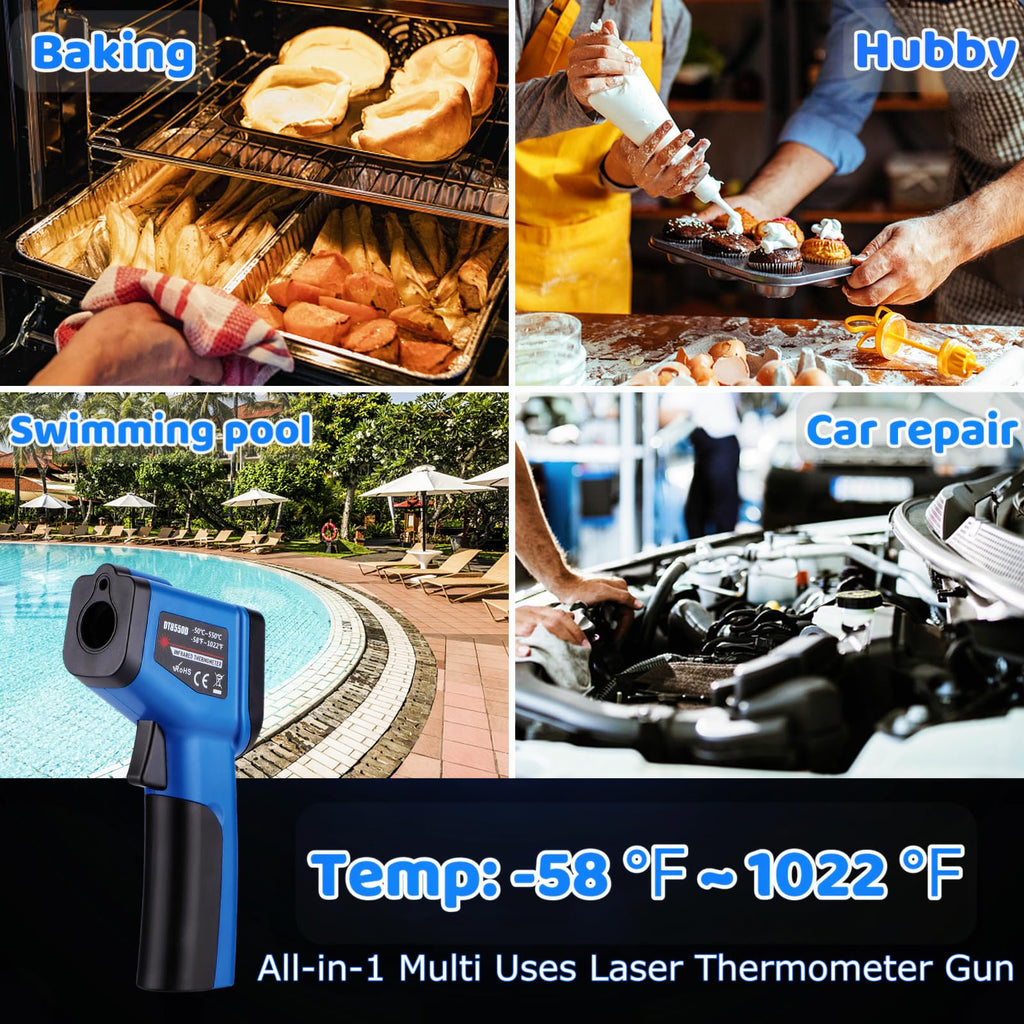 Infrared Thermometer Gun for Cooking, -58℉~1022℉, Digital Laser Temperature Gun for Deep Frying, Pizza, Blackstone, Reptiles, IR Thermometer with Carrying Storage Case, Larger Font, LCD Backlit, Blue