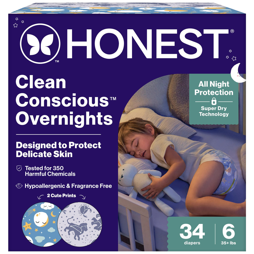 The Honest Company Comfort Dry Overnight Diapers, Up to 12 Hours Protection, Hypoallergenic, Fragrance-Free, Cozy Cloud + Star Signs, Club Box Size 6 (35+ lbs), 34 Count