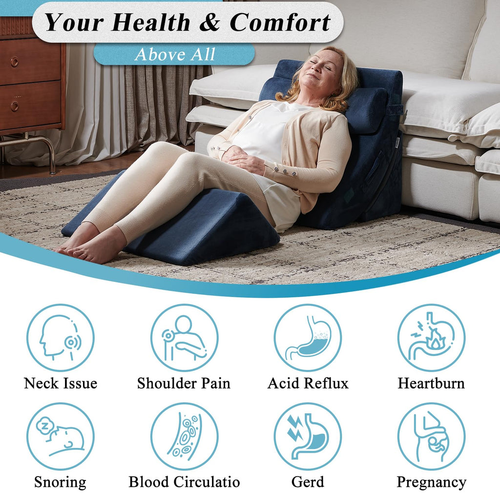 Qirroboni 4PCS Orthopedic Bed Wedge Pillow Set, Adjustable Pillows for Neck Back and Leg Pain Relief Comfortable & Post Surgery Foam- Heartburn Anti Snoring Acid Reflux & GERD Sleeping Full Navy