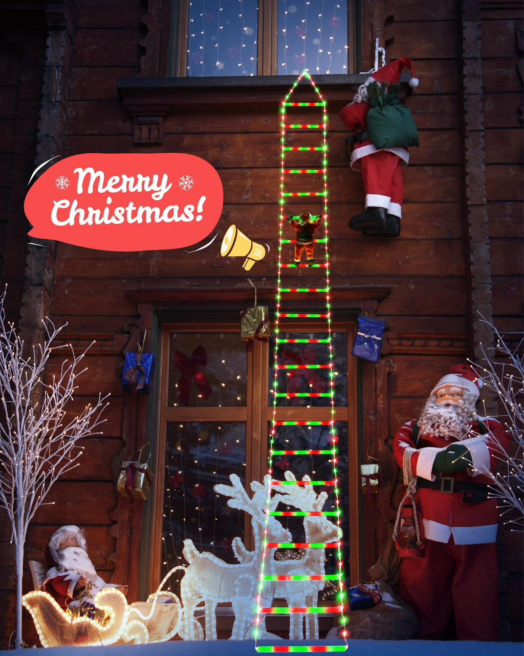 Toodour LED Christmas Light - 10ft Christmas Decorative Ladder Lights with Santa Claus, Christmas Decorations Lights for Indoor Outdoor, Window, Garden, Home, Wall, Xmas Tree Decor - Red & Green