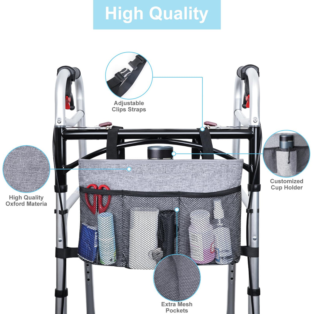 Dotday Walker Bag with Cooler Bag, Water Resistant Storage Bag Walker Accessories with Temperature Controlled Pocket for Seniors, Walker Bag Fit for Walkers, Rollator, Wheelchair & Scooters-Grey