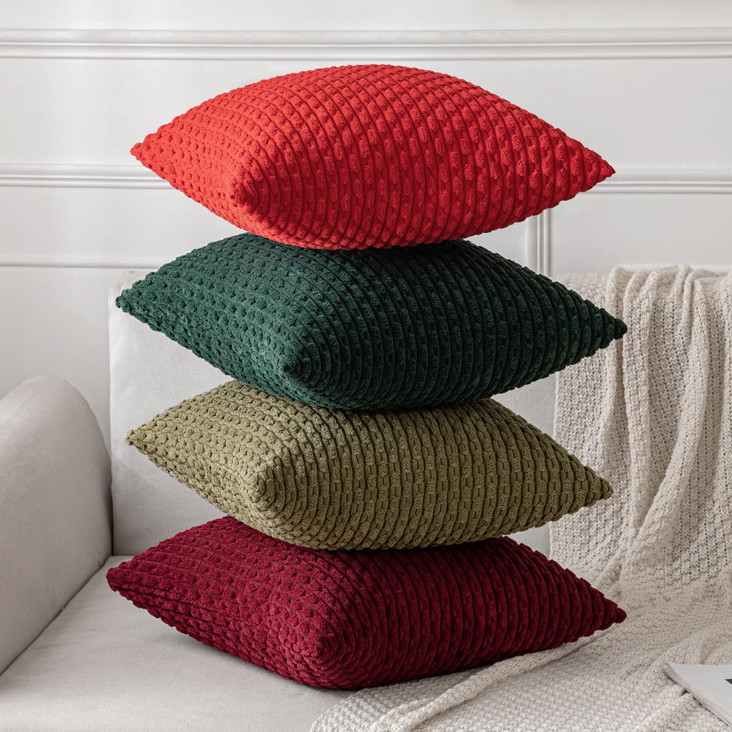 MIULEE Throw Pillow Covers Soft Corduroy Decorative Set of 2 Boho Striped Pillow Covers Pillowcases Farmhouse Home Decor for Christmas Couch Bed Sofa Living Room 18x18 Inch Wine Red