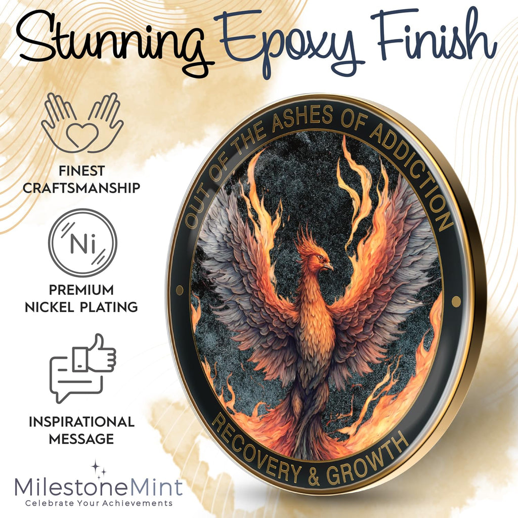 MilestoneMint Phoenix Sobriety Coin | AA Chip Medallion Gift Set with Coin Capsule, Display Stand & Card for Sober Men & Women in Recovery | Sobriety Gifts for Anniversary Month & Year