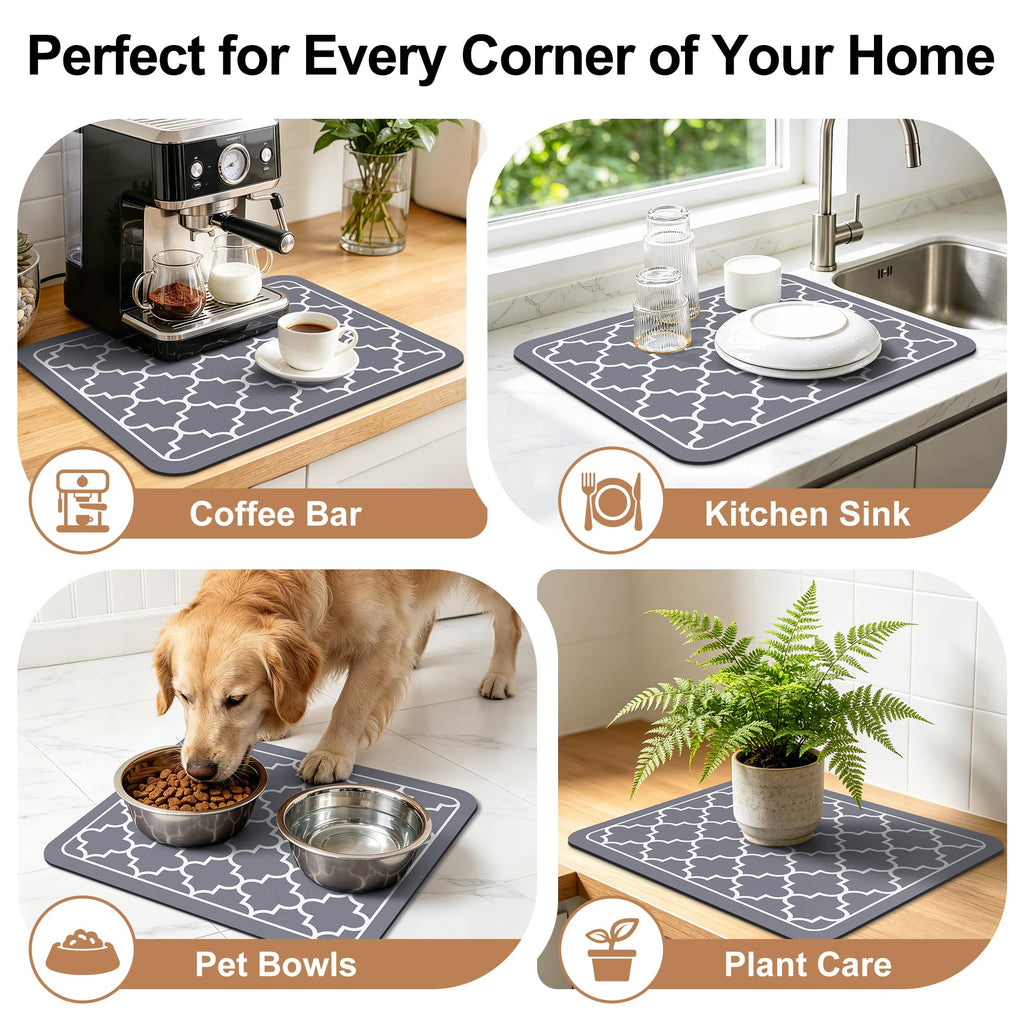 WISELIFE Dish Drying Mat Super Absorbent Drying Mat Large Dish Drying Mats for Kitchen Counter Easy Clean Dish Mat Kitchen Drying Mat15"x 18" Stylish Grey