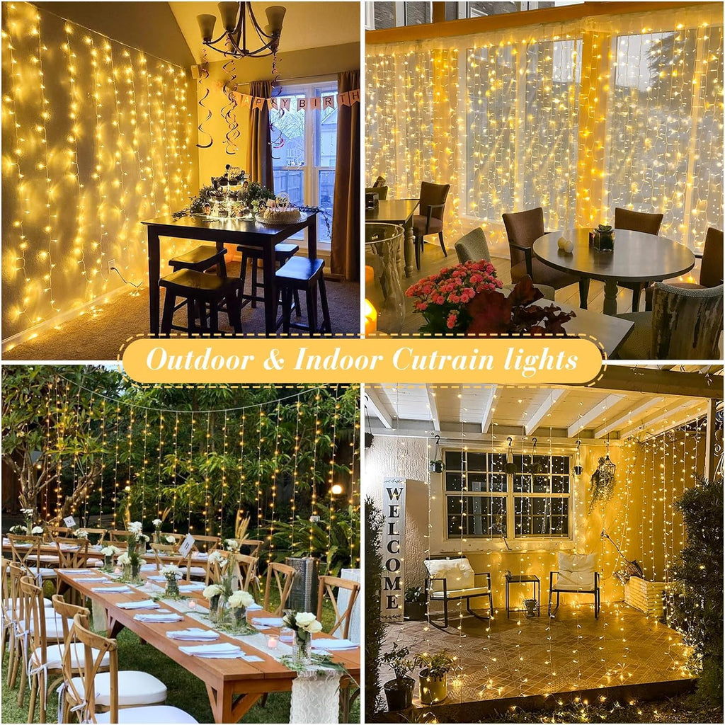 JMEXSUSS 900LED Outdoor Christmas Curtain Lights, 9.5x29.5ft Christmas Lights Plug in with Remote, Indoor Christmas Hanging String Lights for Bedroom Wedding Backdrop Wall Xmas Decor, Warm White