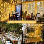 JMEXSUSS 900LED Outdoor Christmas Curtain Lights, 9.5x29.5ft Christmas Lights Plug in with Remote, Indoor Christmas Hanging String Lights for Bedroom Wedding Backdrop Wall Xmas Decor, Warm White
