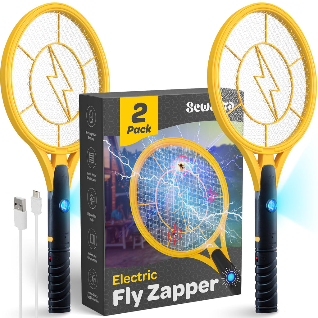 Electric 4000 Volt Fly Swatter [Set of 2] Handheld Bug Zapper Racket for Indoor/Outdoor - Instant Bug & Mosquito Killer with Attractant LED Light - USB Rechargeable Portable Fly Zapper.