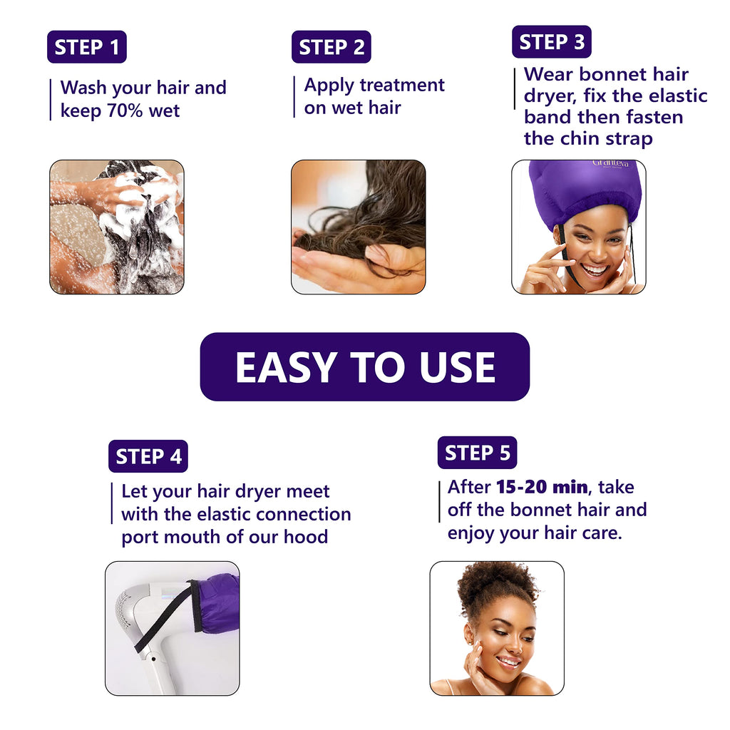 Bonnet Hair Dryer w/A Headband Integrated That Reduces Heat Around Ears & Neck - Hair Dryer Diffuser Cap for Hair Dryer Curly Hair, Speeds Up Drying Time, Deep Conditioning at Home - Large (Purple)