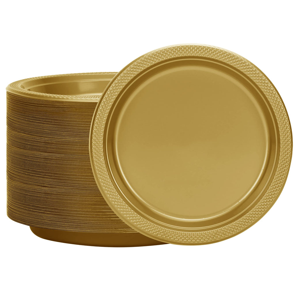 Hanna K. Signature Gold Plastic Plates 9 Inch - 600 count - Plastic Solid Round Party Plates For Weddings, BBQs, Birthday Plates - Disposable Gold Plates - Plastic Dessert Plates