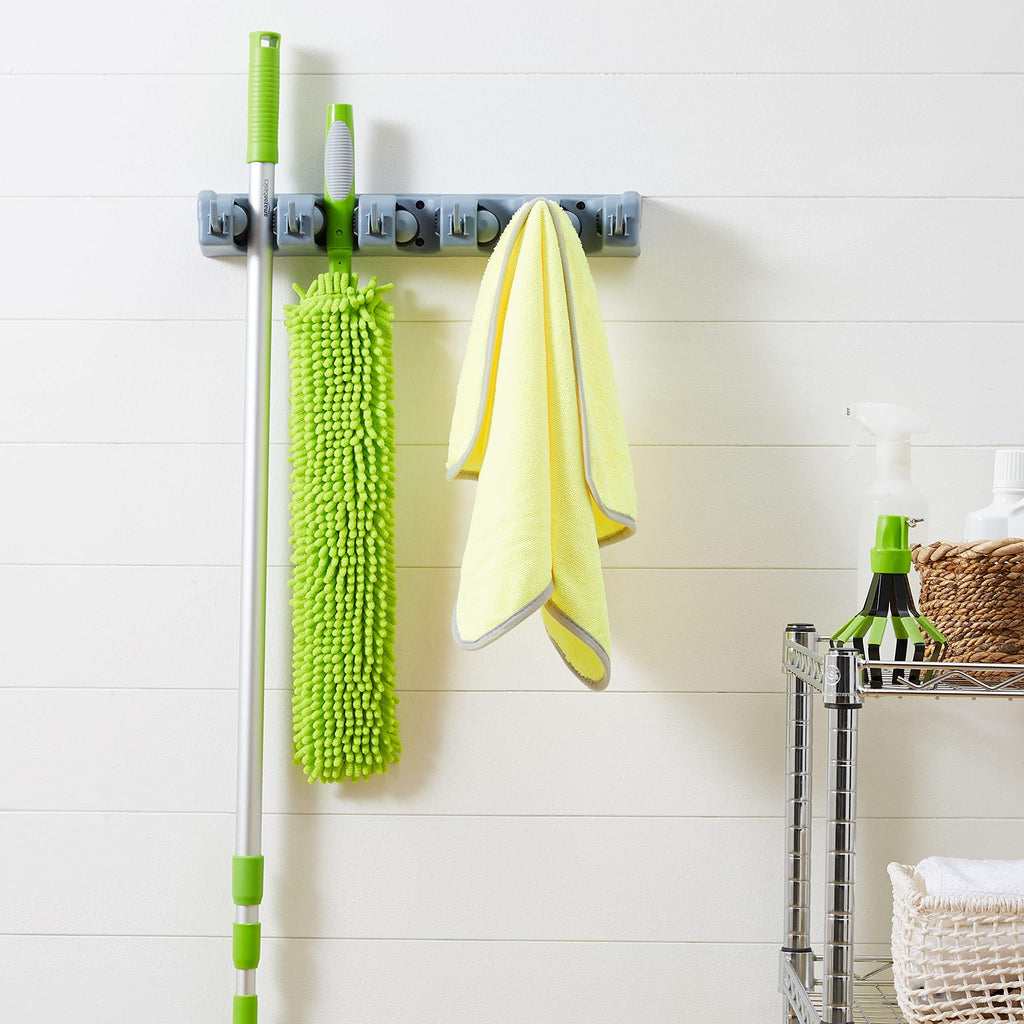 Amazon Basics Rectangular Heavy Duty Wall Mount Broom and Mop Holder, Sturdy Tool Organizer with Hooks and Slots for Garage, Garden, Laundry, Kitchen Organization, 2.36 x 16.9 x 3.35 in, Gray