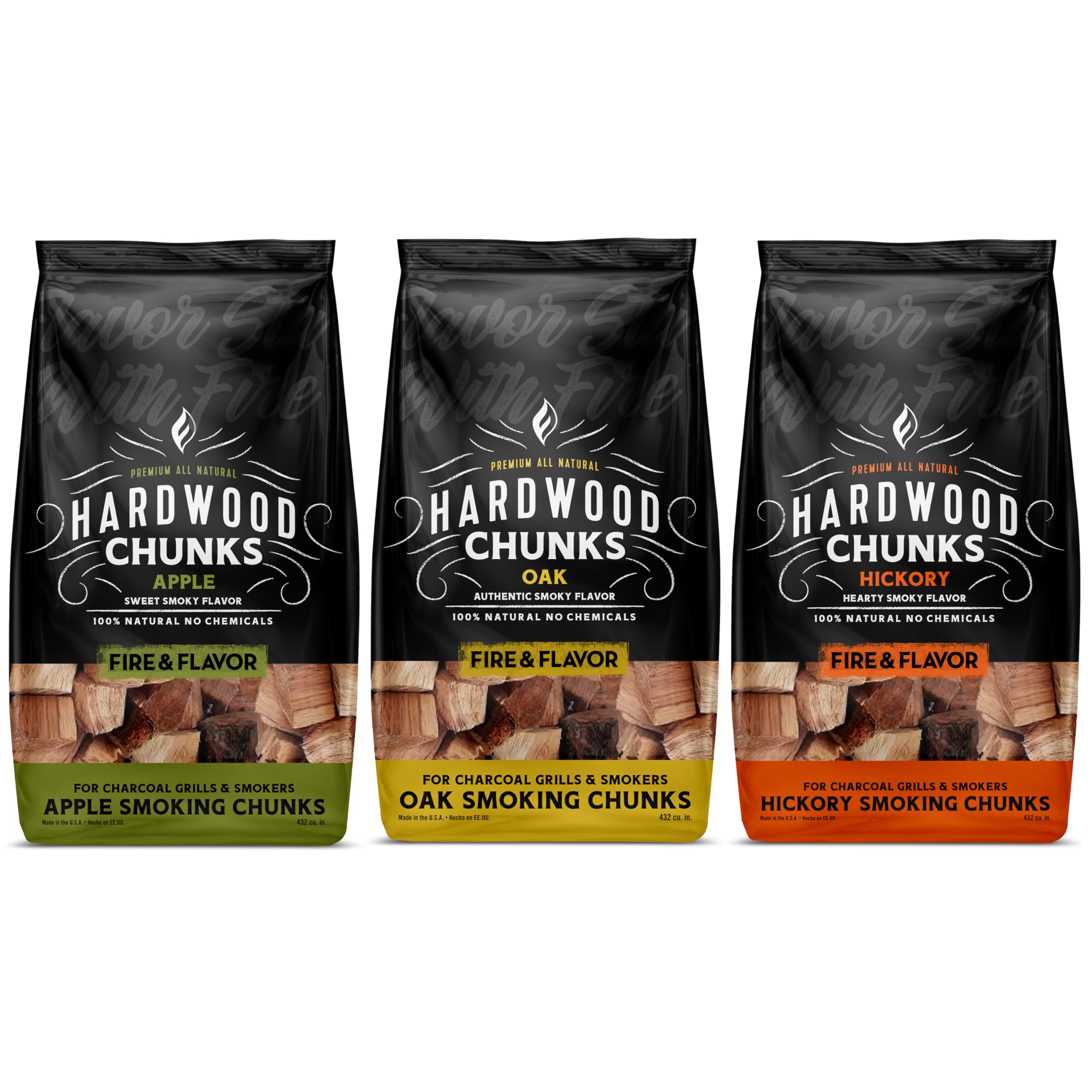 Fire & Flavor Premium All Natural Wood Chunk Bundle for Smokers - Wood Chunks for Smoking - Smoker Wood Chunks - Smoker Accessories Gifts for Men and Women - Oak, Apple, Hickory