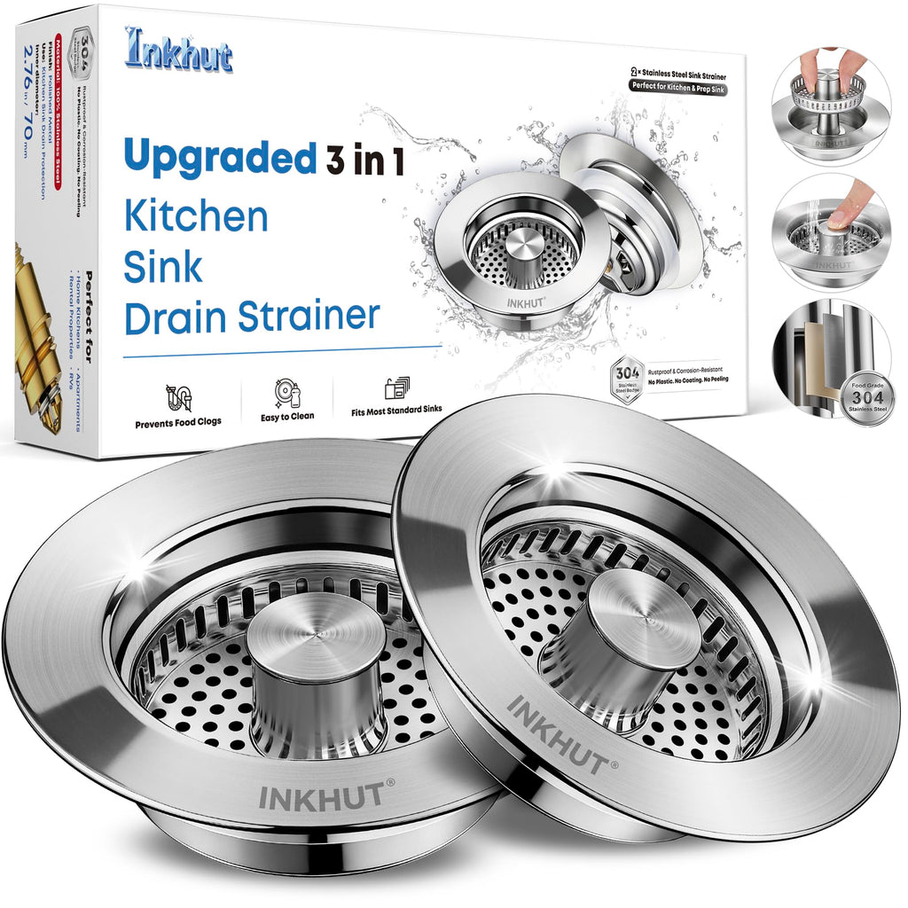 Upgraded 3 in 1 Kitchen Sink Drain Strainer - Stainless Steel Sink Stopper, Anti-Clogging Sink Food Catcher Basket, Fast Drainage Odor Filter Sink Plug for US Standard 3 1/2 inch Drain (Silver-2Pack)