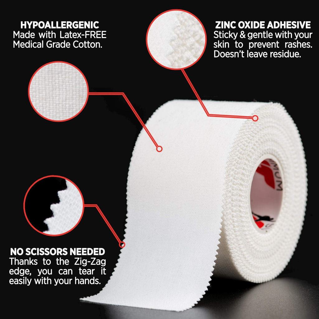 White Athletic Tape Extremely Strong: 8 Rolls + 2 Finger Tape. Easy to Apply & No Sticky Residue. Sports Tape for Boxing, Football, BJJ, Climbing. Enhance Wrist, Ankle & Hand Protection Now
