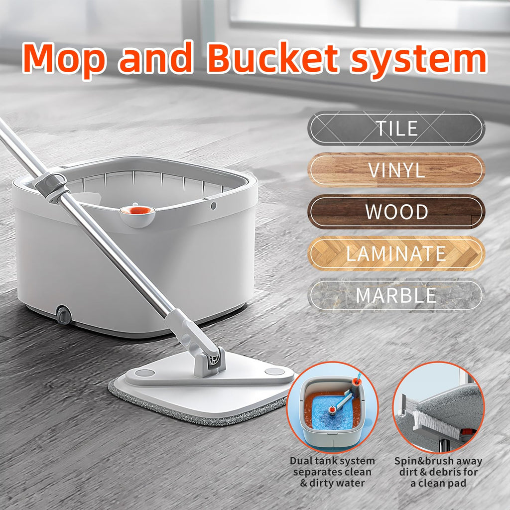 KZKR M16 Spin Mop and Bucket Set with Self Separation M16 Dirty and Clean Water System Self Wringing 360° Rotating Square Mop-Head for Hardwood Tile Marble Floors (Grey) (Mop and Bucket Set (6 Pads))