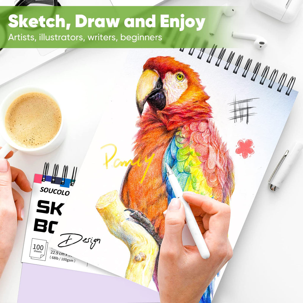 Soucolor 9" x 12" Sketch Book, Christmas Gifts for Women, Birthday Gifts for Women, Thank You Gifts, Stocking Stuffers Gift Set, 2 Packs 100-Sheets Each (68lb/100gsm) Drawing Pad for Women and Girls