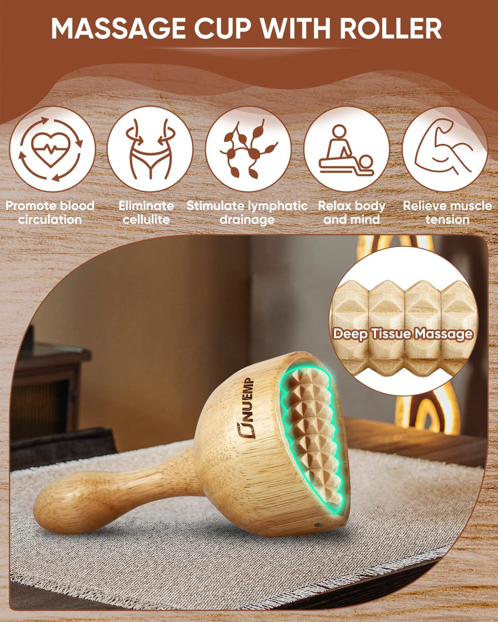 ONUEMP Wooden Therapy Cup with Roller, Wood Therapy Massage Tools, Maderoterapia Kit Colombiana, Fascia Roller for Body Shaping, Lymphatic Drainage, Cellulite Remover, Muscle Relief, Trigger Points