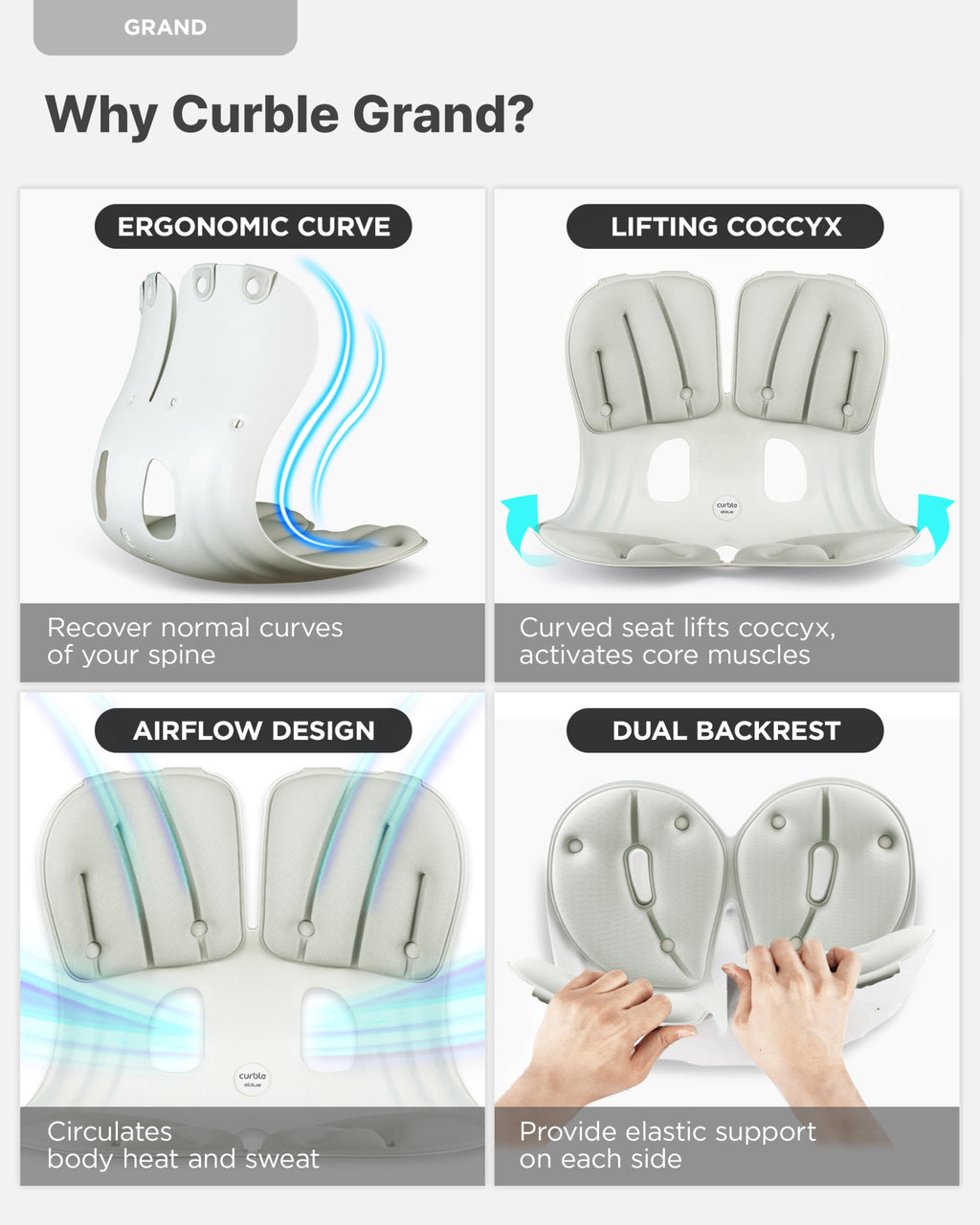 curble Grand(Extra Wide & Sturdy) – Ergonomic Back and Lumbar Support for Good Posture Correction and Back Pain Relief, Perfect for Office, Floor Seat and Work from Home, Patented (Grey)