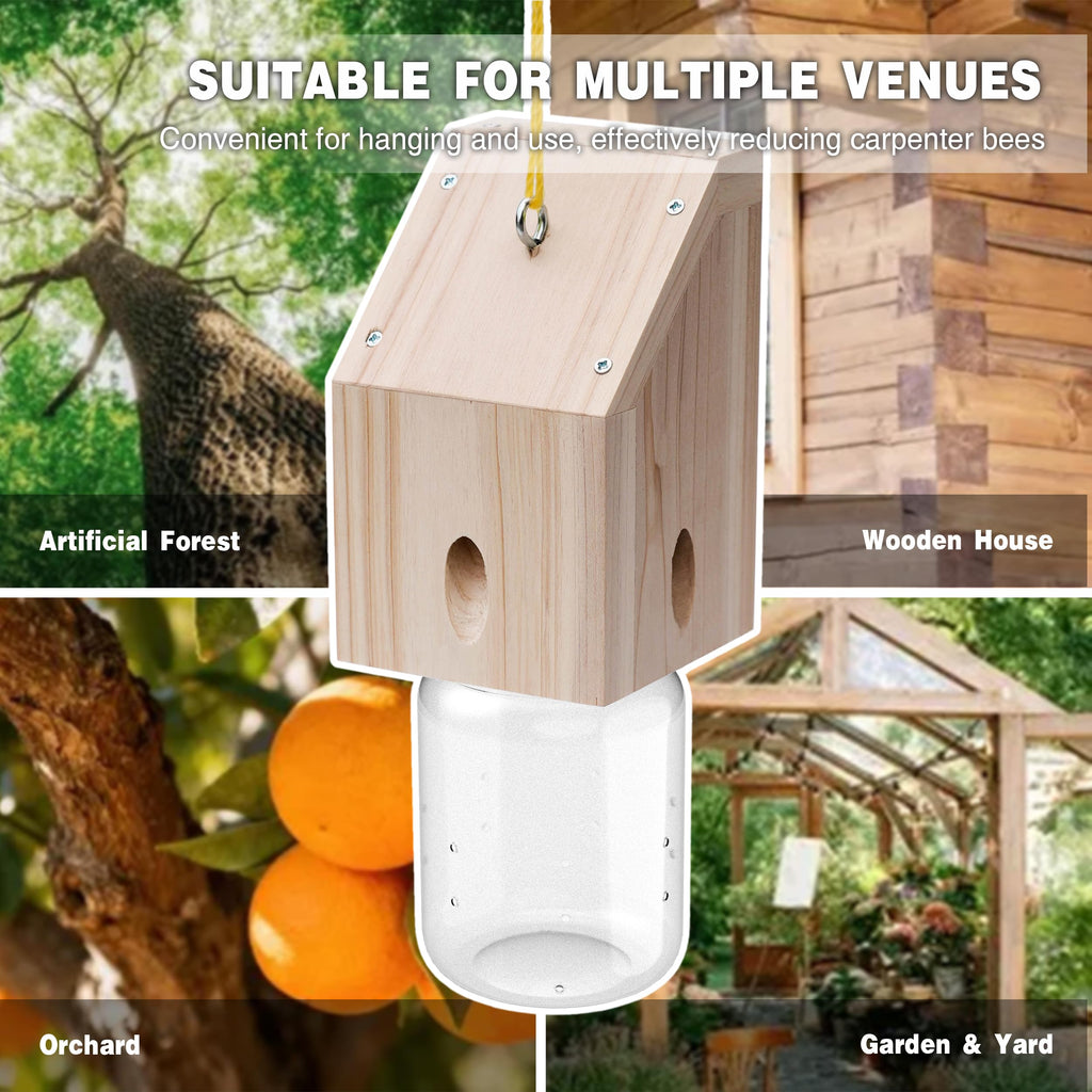 Carpenter Bee Trap for Outside - Shed Style Nature Hanging Wood Trap for Outdoor with Removable Bee Vault Plastic Jar (1 Pack)