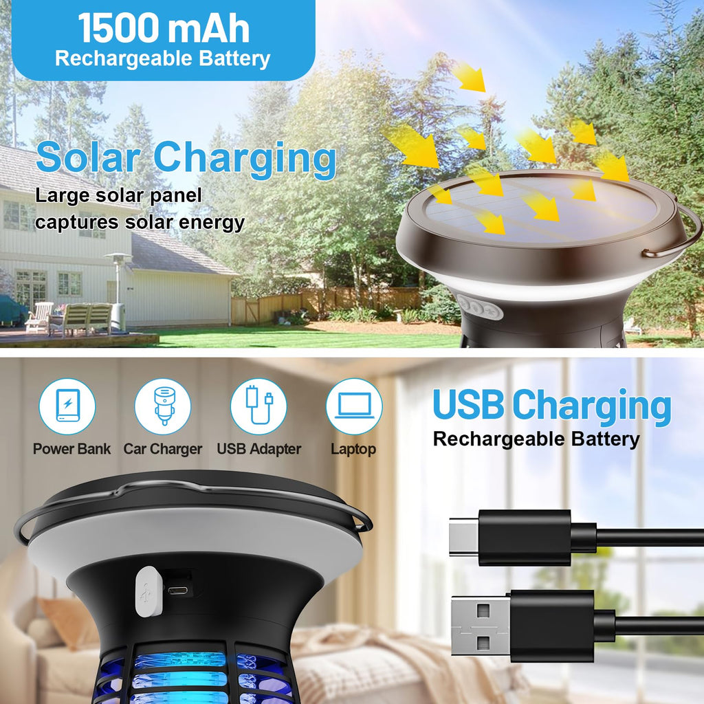 Jinyeda Bug Zapper Outdoor & Indoor, Solar Mosquito Zapper Waterproof, 3500 V Electric Fly Zapper Rechargeable, Cordless Mosquito Killer for Camping, Home, Patio, Kitchen