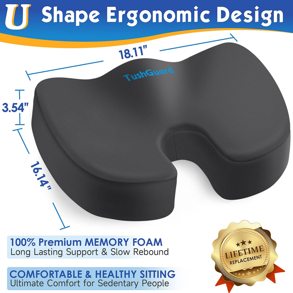 TushGuard Seat Cushion for Office Chair Memory Foam Non-Slip Cushion Back, Coccyx, Sciatica, Tailbone Pain Relief Butt Pillow for Office Chair, Car, Wheelchair, Grey, X-Large