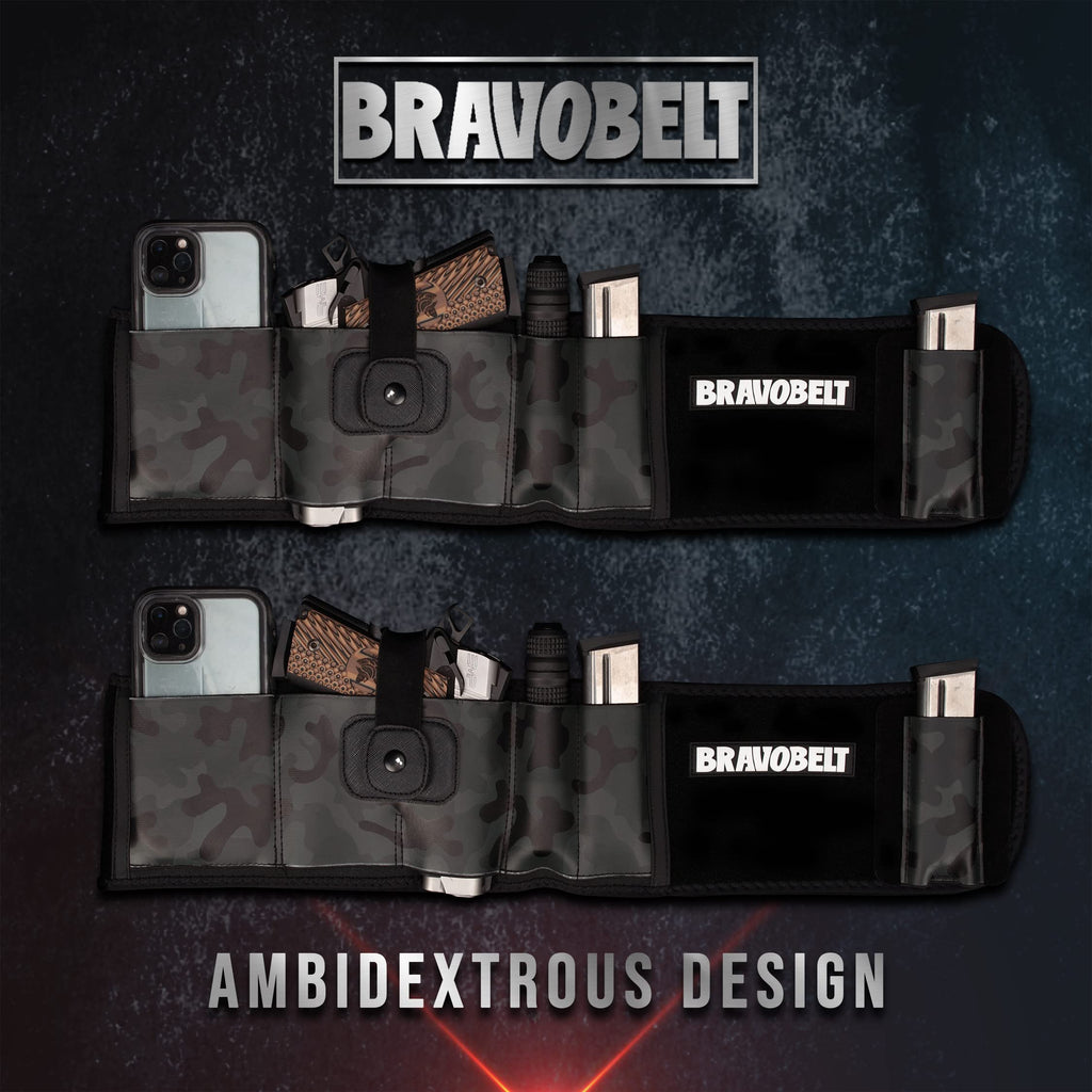 BRAVOBELT Belly Band Holster for Concealed Carry - Athletic Flex FIT for Running, Jogging, Hiking - Glock 17-43 Ruger S&W M&P 40 Shield | for Men & Women (Camo, XL - 45" - 55" Belly)