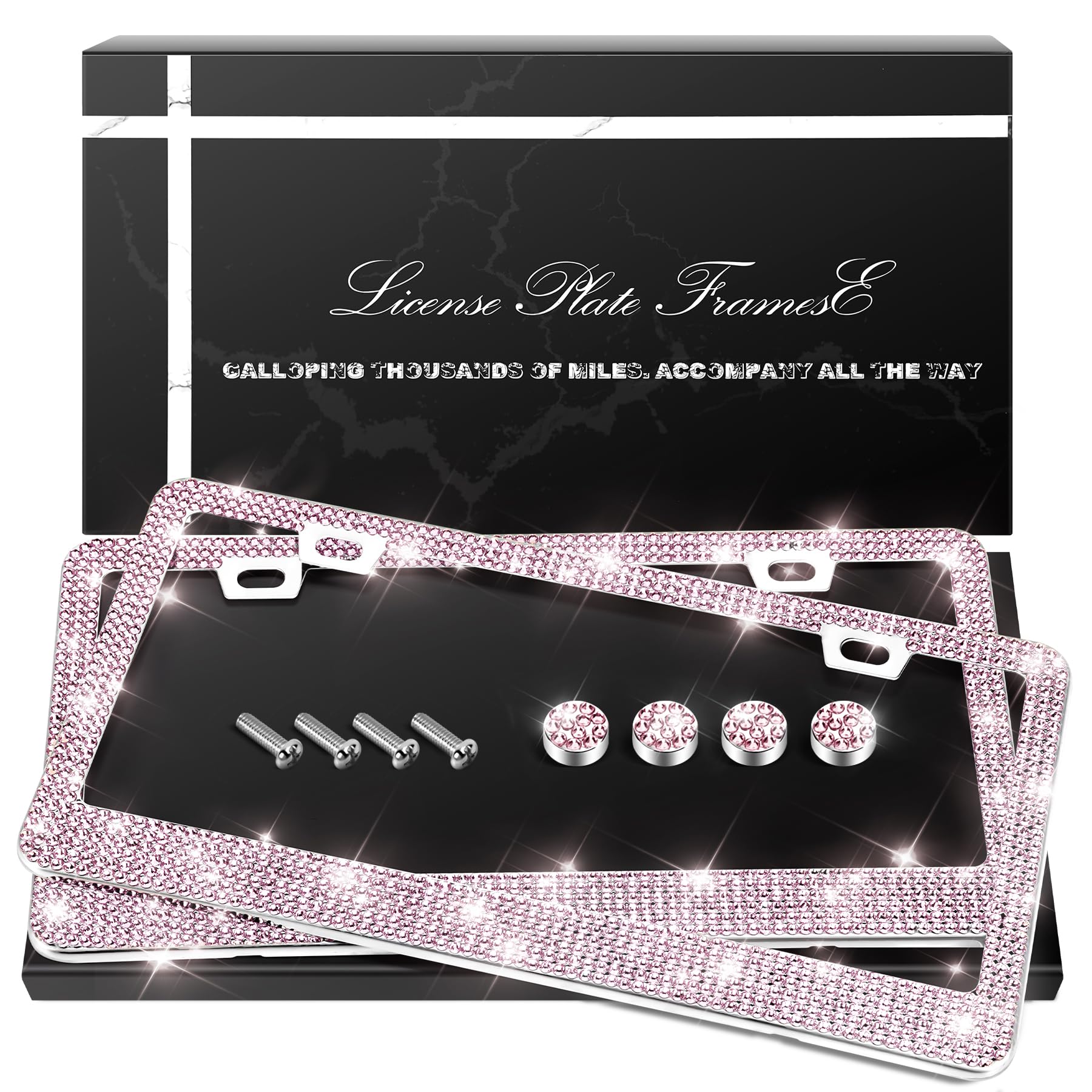 QUANQIUFEI 2 Pack Bling License Plate Frames, Sparkly Rhinestone Diamond Car License Plate Cover for Women, Stainless Steel Car Accessories with Glitter Crystal Caps (Light Rose)