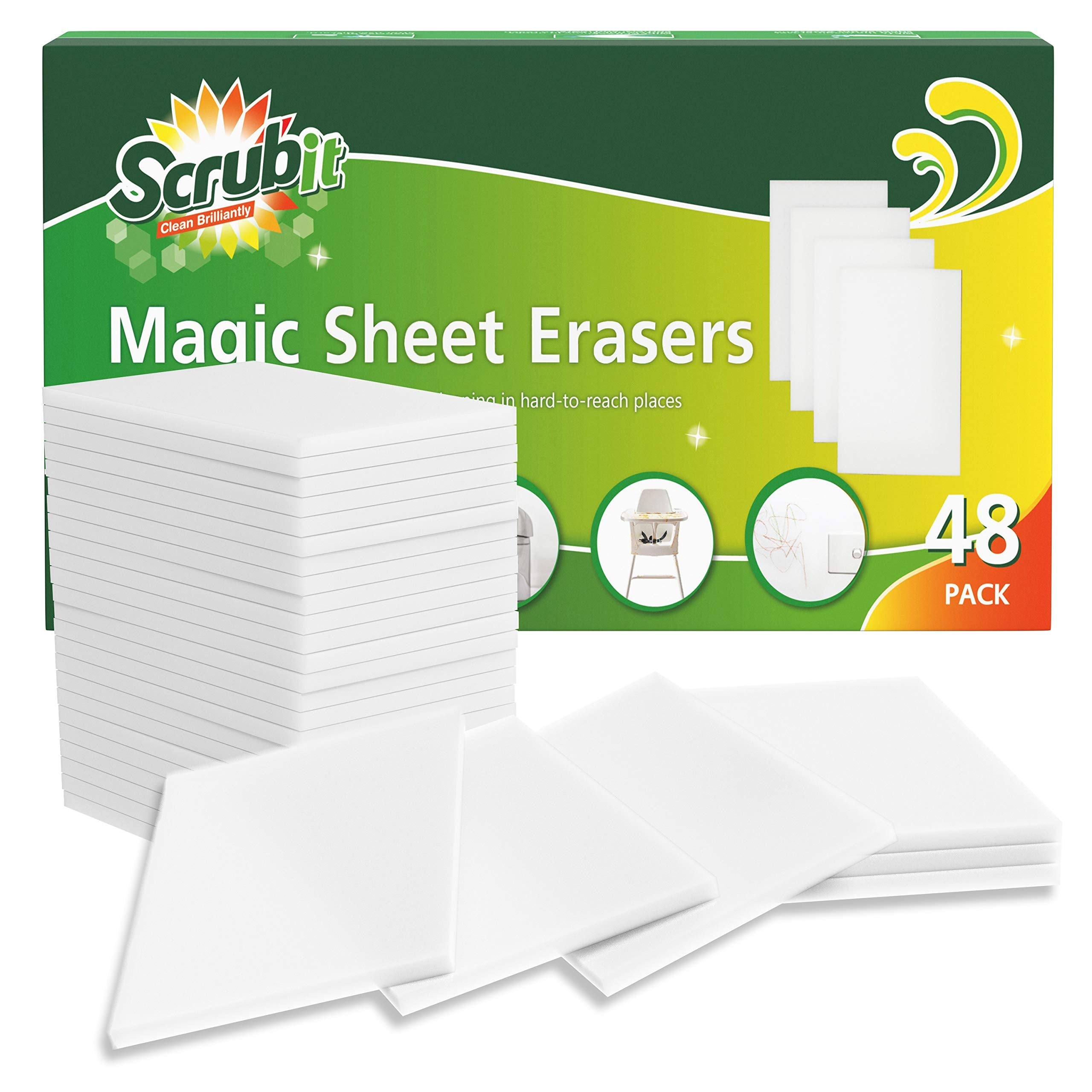 SCRUBIT Eraser Sheets – 48 Pack Disposable Magic Cleaning Sponges - All Purpose Household Cleaner Pads - Kitchen Couch and Bathroom Eraser Wipes- Melamine Foam Sheet for Hard to Reach Spaces
