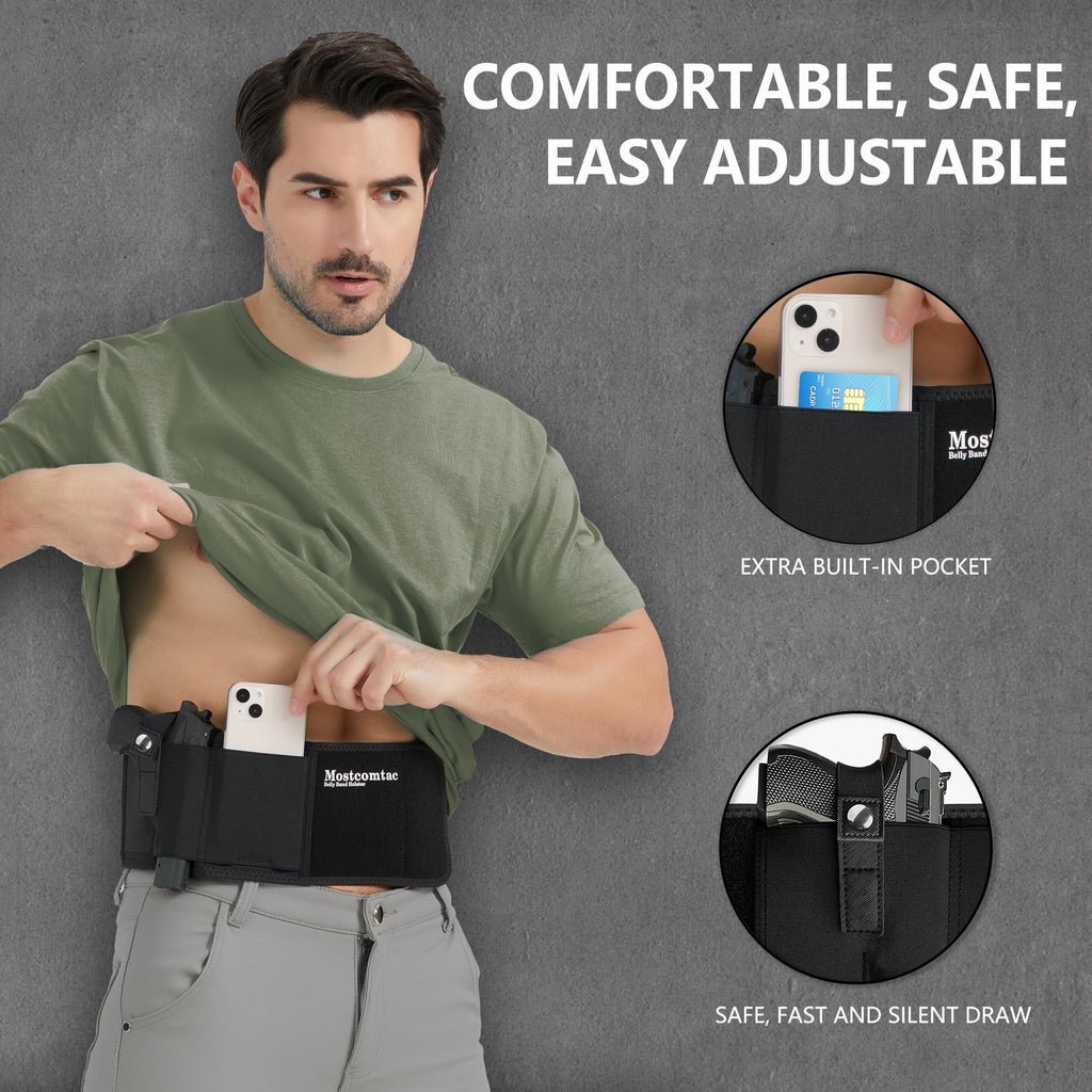MOSTCOMTAC  Belly Band Holster for Concealed Carry, Gun Holster for Men Women, Breathable Concealed Carry Holster Fits Glock 19 17 42 43 43x, Ruger Lcp 380, Taurus for Most Pistols and Revolvers