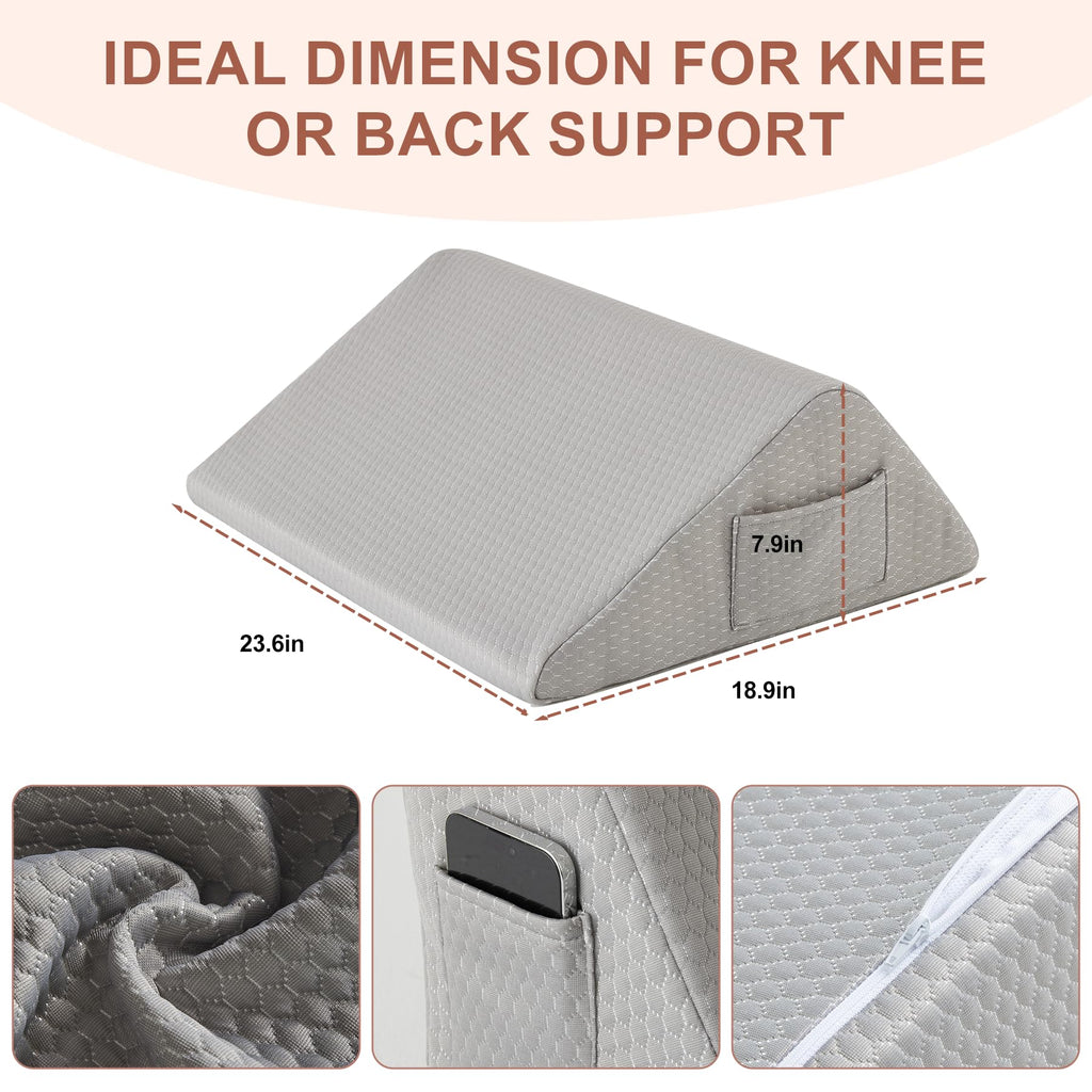Bedluxe Knee Wedge Pillow, Memory Foam Leg Pillow Knee Pillow for Back Sleeping, Wedge Pillow for Legs Post Surgery, Triangle Pillow for Knee Support, Leg Elevation, Knee Hip Back Pain Relief, Grey