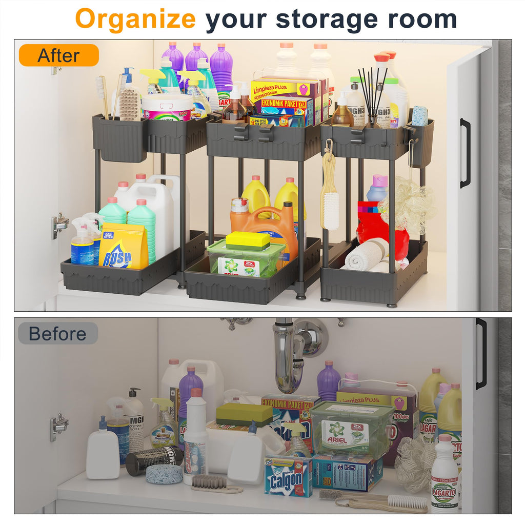 Sevenblue 3 Pack Under Sink Organizer, 2-Tier Multi-Use Kitchen Bathroom Organizers and Storage with Sliding Drawer, Bathroom Cabinet Organizer with Hooks and Hanging Cups (Black)