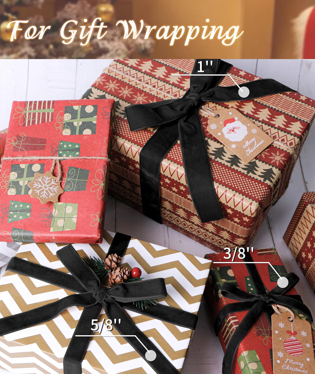 Black Velvet Ribbon 5/8'' 25 Yards for Christmas Tree, Gift Wrapping, Flower Bouquet, Wreath Decorations, Bow Making
