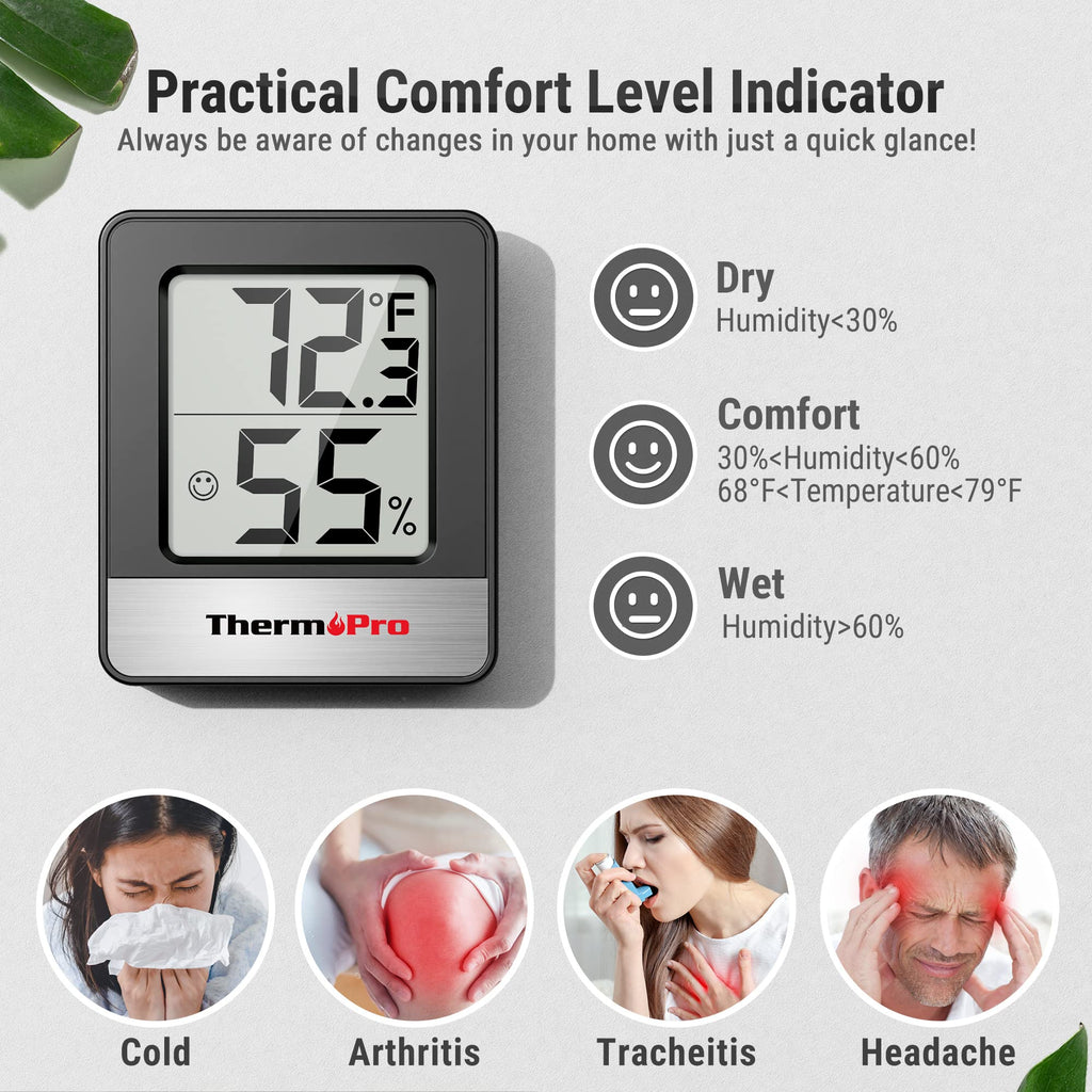ThermoPro TP49 3 Pieces Digital Hygrometer Indoor Thermometer Humidity Meter Mini Hygrometer Thermometer with Temperature and Humidity Monitor Room Thermometer, Black
