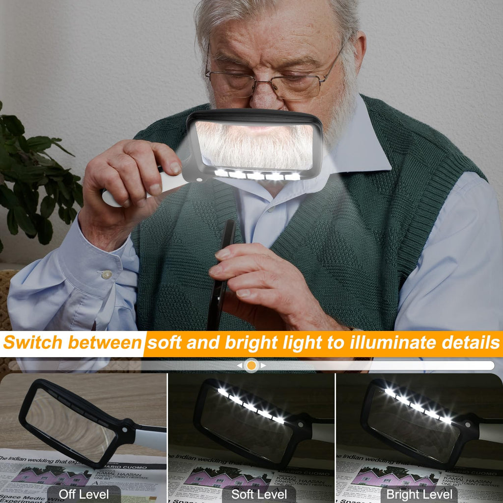 Folding Handheld Magnifying Glass with Light, Brightness Dimmable Magnifying Glass for Reading, LED 3X Large Rectangle Books Magnifier with Light for Seniors, Lighted Gifts for Elderly with Low Vision