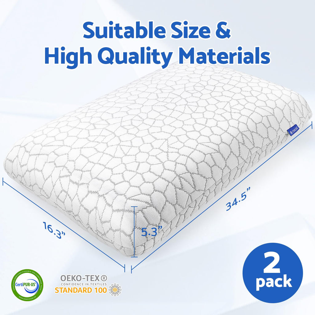 CushZone Memory Foam Pillows for Sleeping, Cooling Pillow with Removable and Machine Washable Cover, Bed Pillow for Side, Back and Stomach Sleepers, King Size (2 Pack)