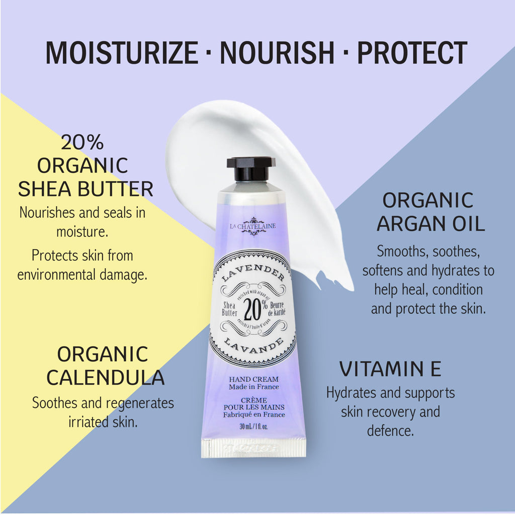 La Chatelaine Hand Cream Trio Tin, Mothers Day Gift Set, Natural Hand Lotion, Made in France with 20% Organic Shea Butter, Nourishing (Lavender, Lychee Bilberry & Lemon Verbena) 3 x 1 fl oz