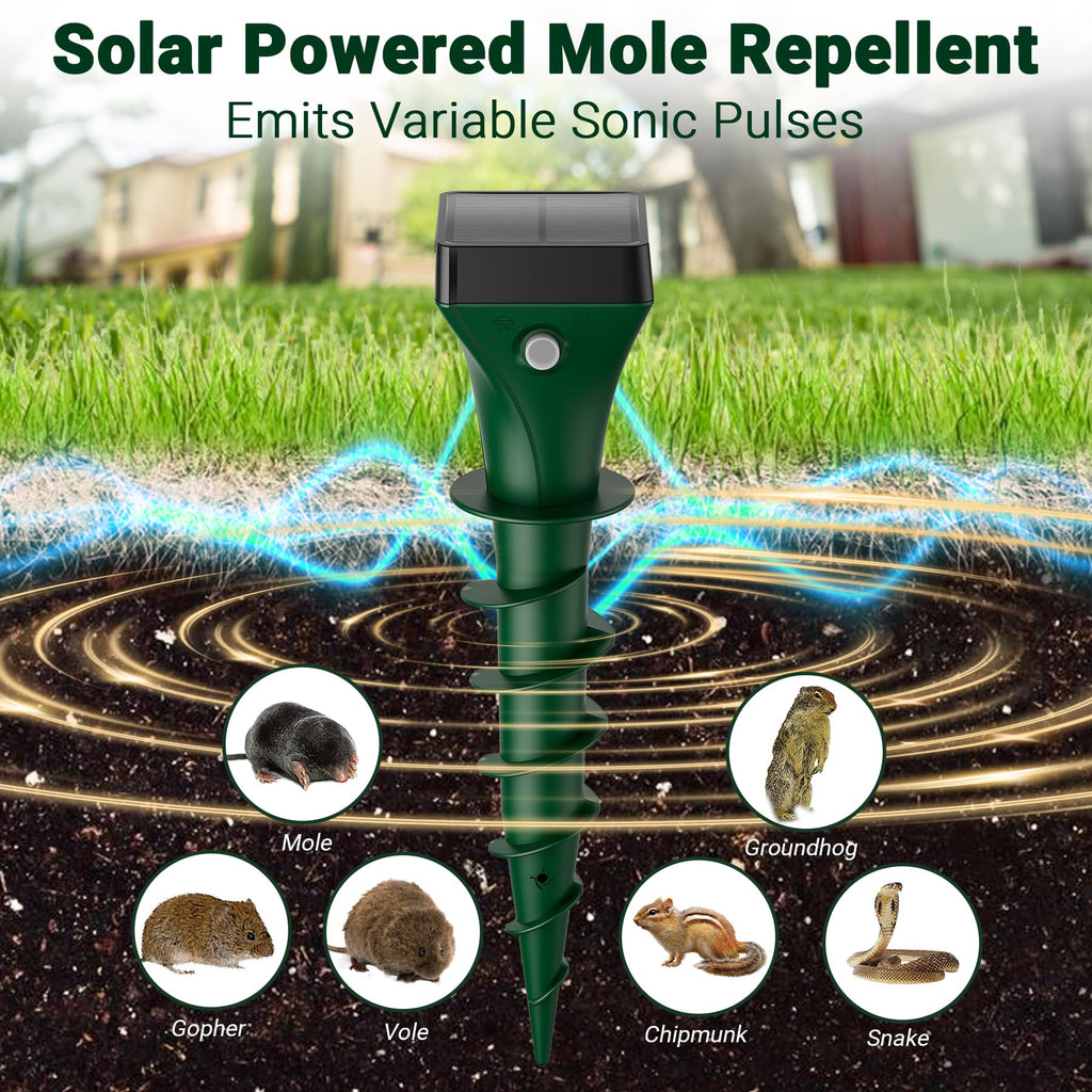 Mole Repellent Solar Powered, 8 Pack Snake & Skunk Repellent for Yard, Ultrasonic Mole Stakes for Lawns, IP65 Waterproof Gopher Repellent to Get Rid of Gopher, Vole, Chipmunk and Groundhog for Farm
