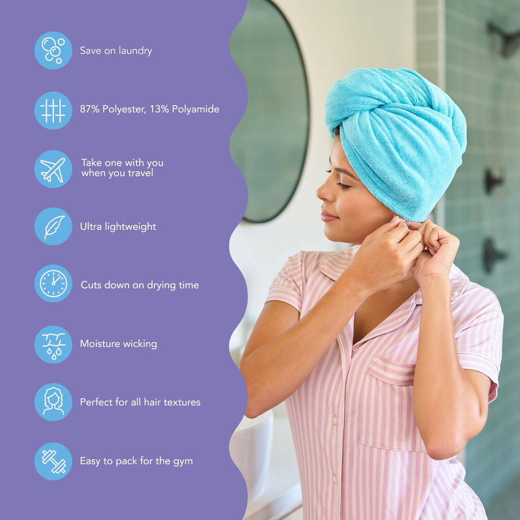 Turbie Twist Microfiber Hair Towel Wrap - for Women, Men & Kids - Travel & Bathroom Essential - Quick Dry Hair Turban for Curly, Long & Thick Hair - 2 Pack (Dark Aqua, Light Aqua)