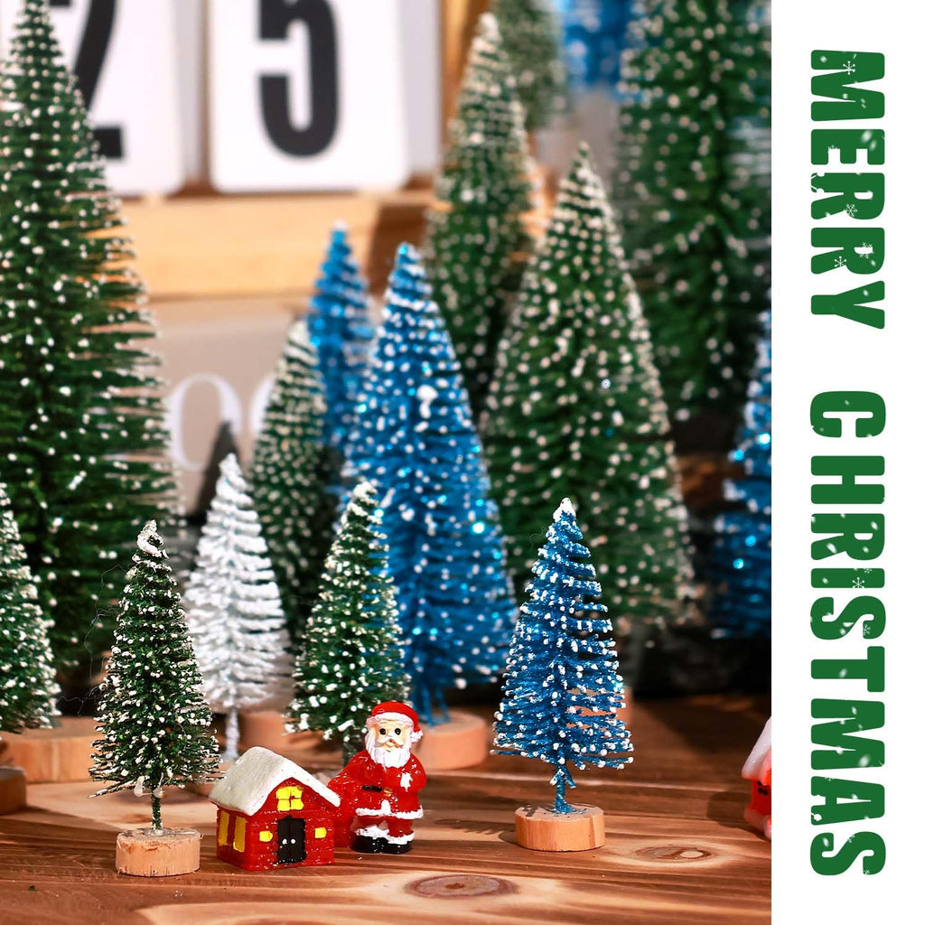 30Pcs Mini Christmas Trees Artificial Christmas Tree Bottle Brush Trees with Wooden Base for Christmas Decor Christmas Party Home Table Craft Decorations(Green+Blue+White)