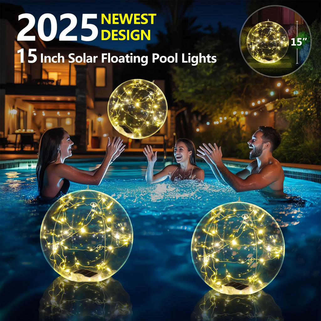 Cootway Floating Pool Lights, 15 Inch Warm White Solar Pool Light that Float, IP68 Waterproof Inflatable Light Up Pool Balls, Float or Hang Solar Floating Lights for Pool, Wedding, Party Decor - 4PCS