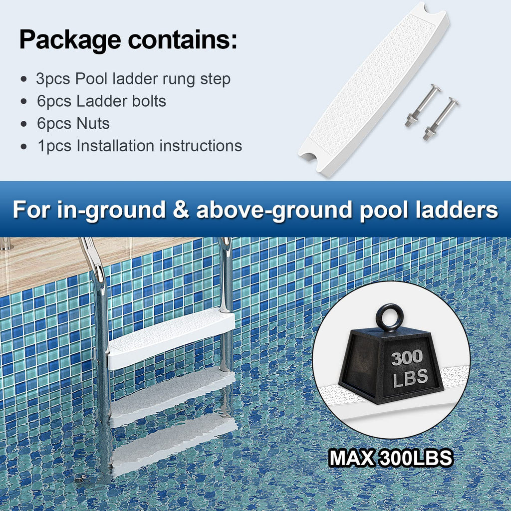 Goovilla Pool Ladder Steps Replacement, (3-Pack) 18" Universal Heavy-Duty Molded Plastic Swimming Pool Ladder Rung Step with 6 PCS Stainless Steel Bolts for Inground and Above Ground Pools, White
