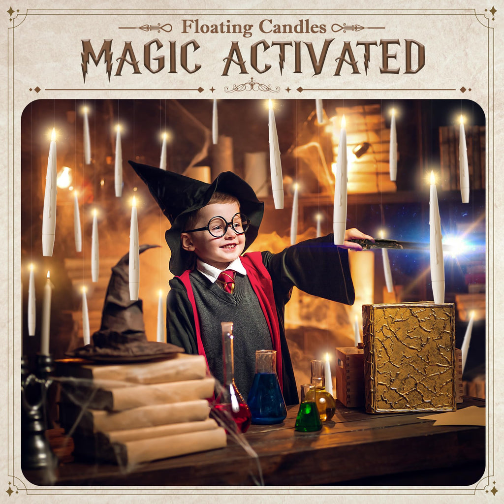 JOIONE Floating Candles with Wand, 20 Pack Halloween Flameless Candles Magic Hanging Taper Candles with 2 Wand Remotes, Battery Operated Candles for Halloween Christmas Birthday Party Decor Ivory