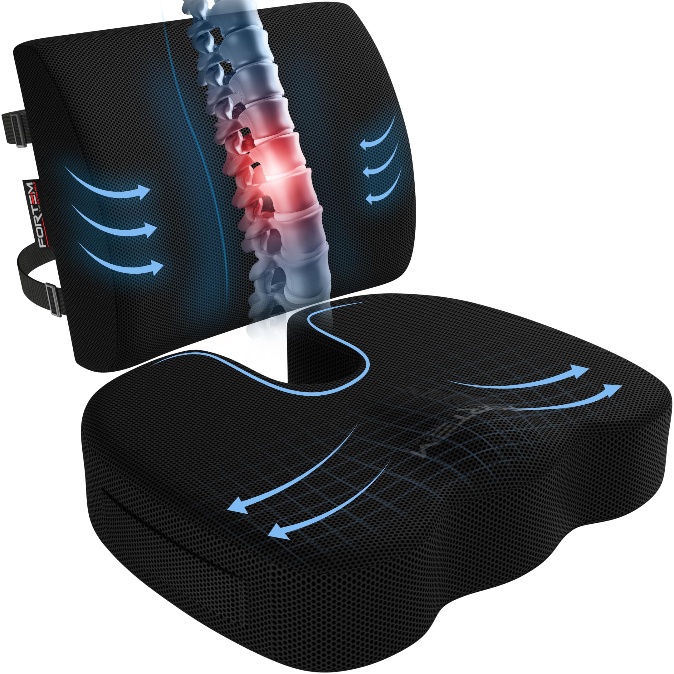 FORTEM Office Chair Cushion and Back Support for Office Chair, Lumbar Support Pillow, Memory Foam, Non Slip Sitting and Back Rest for Gaming, Car Seat Cushion, Chair Pad, XL