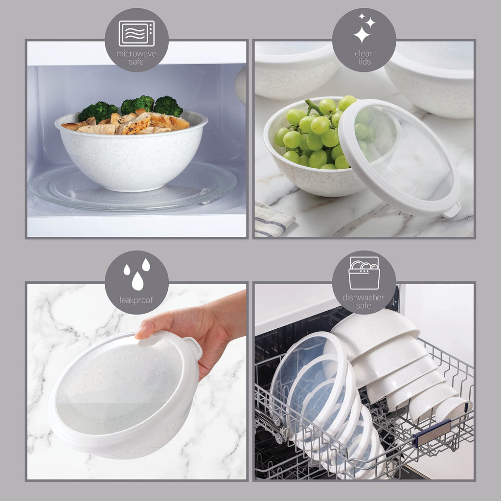 COOK WITH COLOR Mixing Bowls with TPR Lids - 12 Piece Plastic Nesting Bowls Set includes 6 Prep Bowls and 6 Lids, Microwave Safe Mixing Bowl Set (Speckled White)