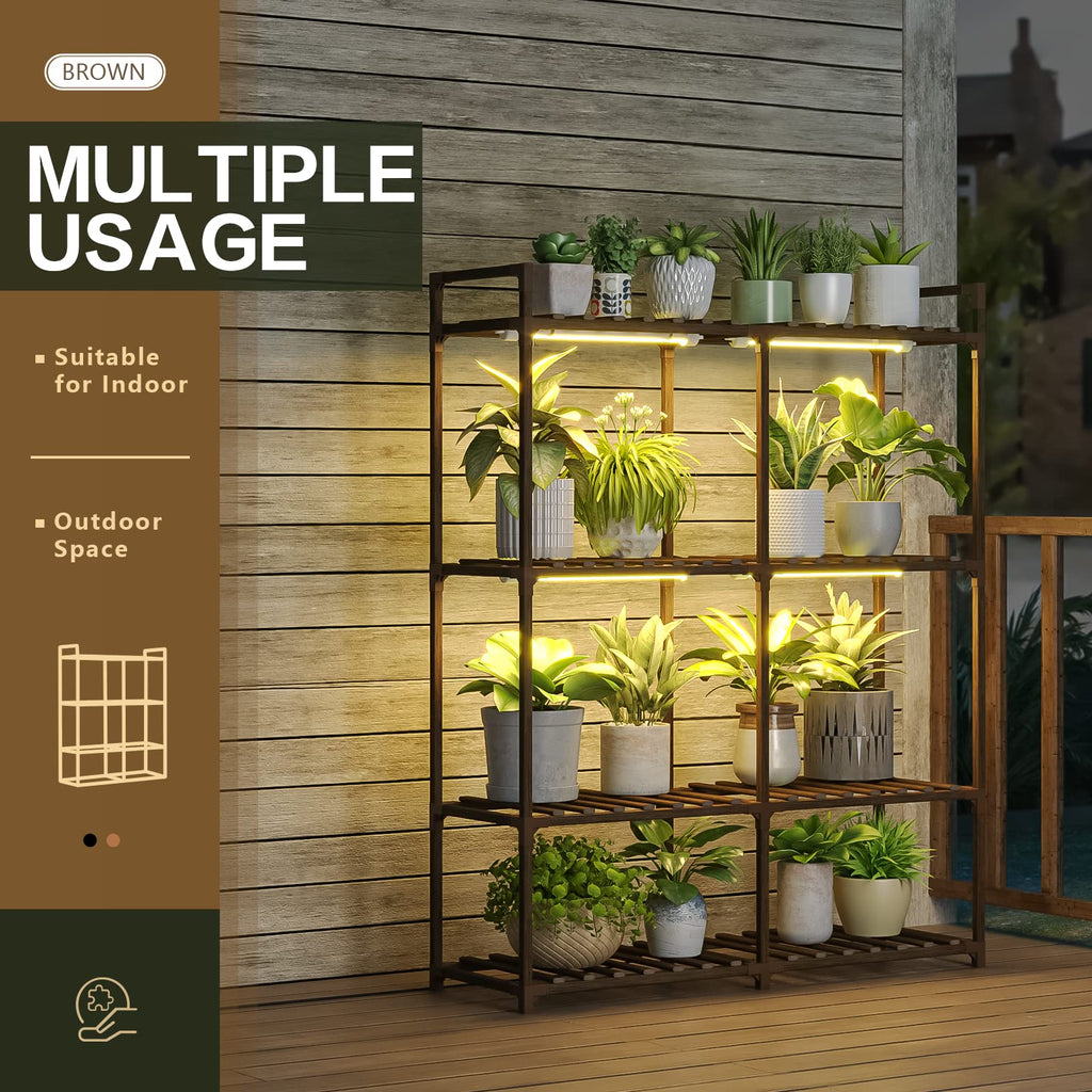 Bamworld Plant Stand with Grow Lights for Indoor Plants Wood Plant Shelf 4 Tier Large Flower Stand for Mutiple Plant Holder Rack for Patio Living Room Balcony