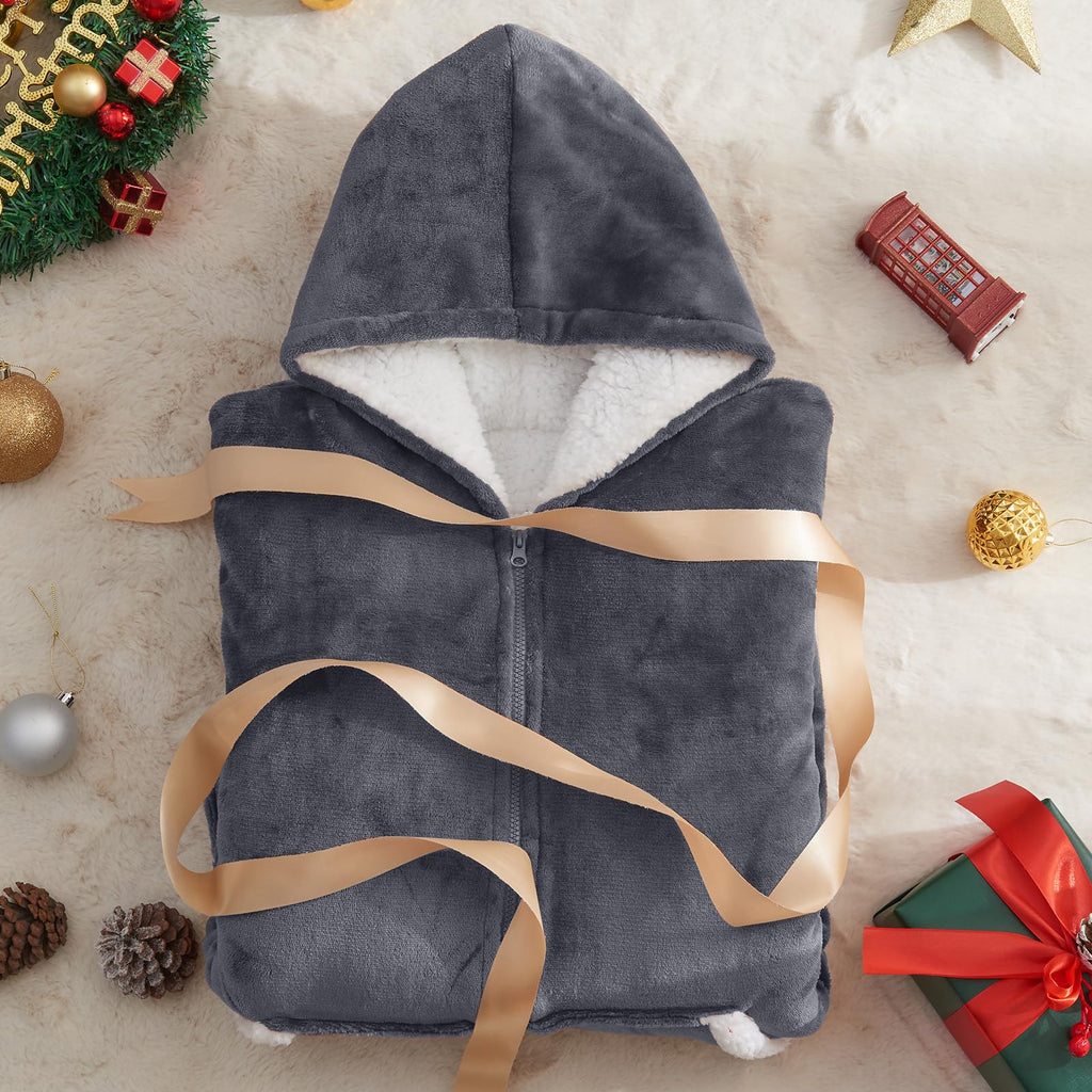 JOYWOO Oversized Wearable Blanket Hoodie, Long Hooded Blanket for Adult, Birthday Christmas Gifts for Women Men, Cozy Sherpa Sweatshirt Blanket with Giant Pocke Zipper and Winter Gifts,Grey