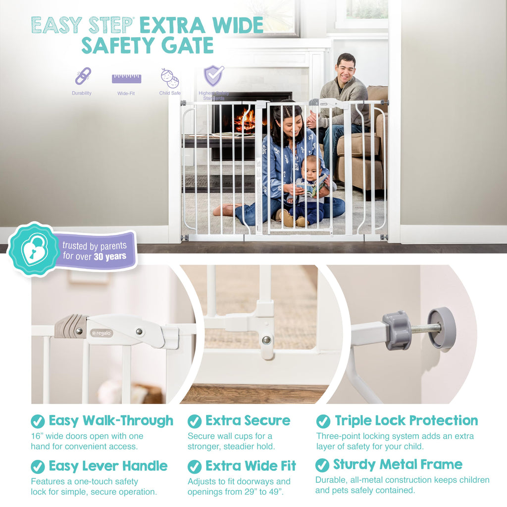 Regalo Safety 29-49" Easy Step Extra Wide Baby Gate for Doorways & Bottom of Stairs, Pressure Mounted Safety Gate with Door for Babies, Toddlers & Pets, White